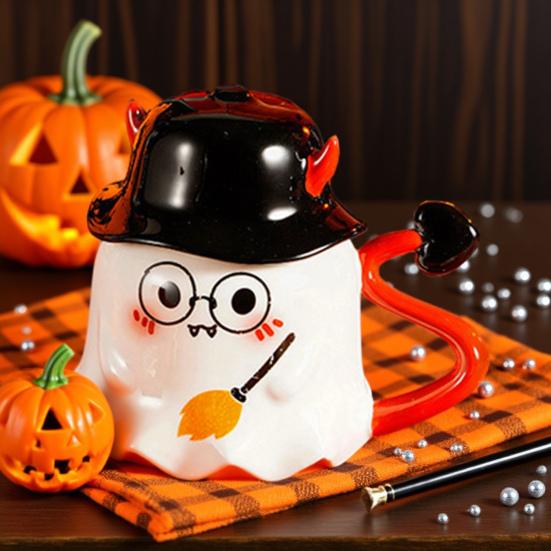 Halloween Coffee Mug Ghost Wearing Hat Shape Ceramic Cup Dishwasher Safe Festive Mug Seasonal Decoration Gift