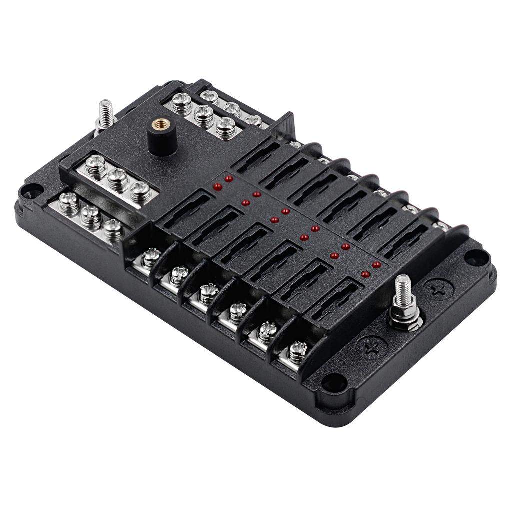Automotive Marine Boat Fuse Block Waterproof 12 Way with 12 Ground Negative Busbar [100 Amp Max] [ATC/ATO Fuses] [LED Indicator] for Car RV Golf Cart