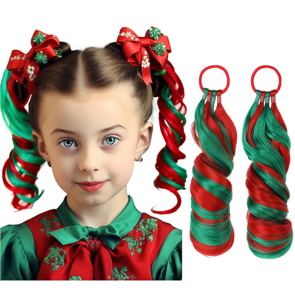 Синтетические красные и зеленые вьющиеся волосы для наращивания хвоста, эластичная резинка для плетения, наращивание волос для хвоста для девочек, вечерние косплей