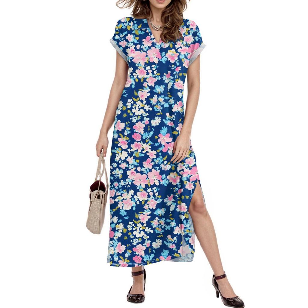 Женское платье макси с цветочным принтом, повседневное платье-рубашка с длинным рукавом и свободным разрезом, праздничное платье с коротким рукавом