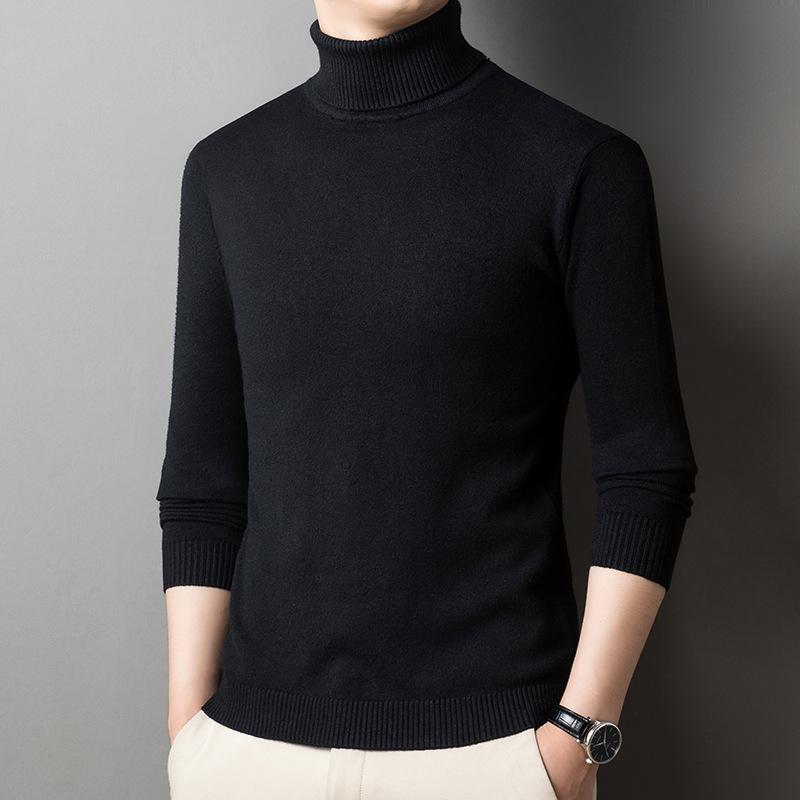 Осень и зима Новый водолазка двойной складки однотонный базовый молодежный свитер мужской вязаный свитер