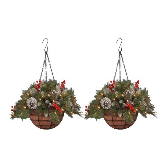 Yousheng Christmas Hanging Baskets Pre-Lit Artificial Basket with LED Lights Pine Cones Berries Winter Outdoor Planter for Outside Porch Front Door