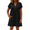 Women's Fashionable Solid Color V Neck Button Short Sleeved Pullover Dress