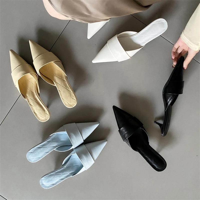 Fashion Splicing Shallow Mule Women Slippers Elegant Pointed Toe Thin Low Heels Party Dress Ladies Shoes