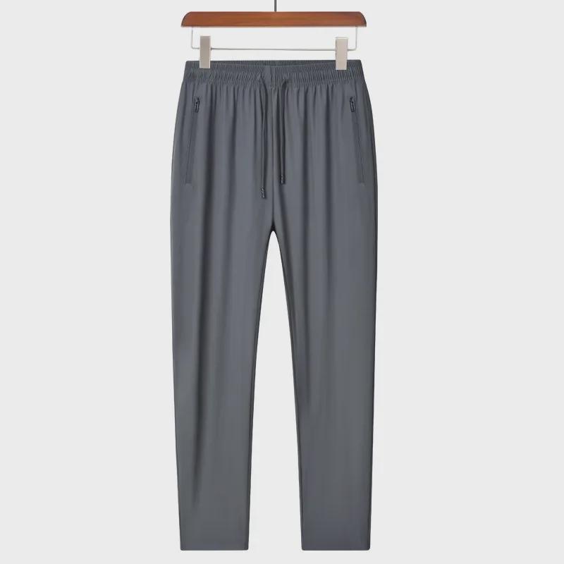 Мужские брюки Ice Silk с эластичным поясом и застежкой-молнией — однотонные, повседневные спортивные, длина девять точек, летняя одежда.
