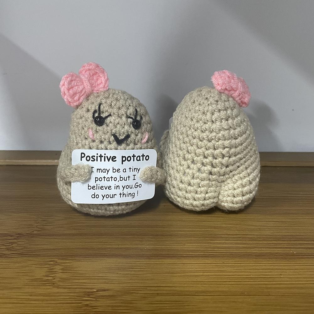Positive Crochet Bowknot Potato Doll with Affirmation Card Home Room Decor Funny Handmade Big Butt Potato Doll Christmas Gifts