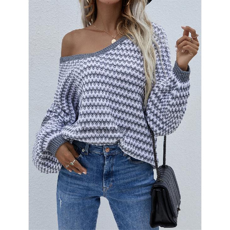 2024 Осень и зима Новый европейский и американский пуловер полосатый женский вязаный свитер круглый вырез свитер больших размеров