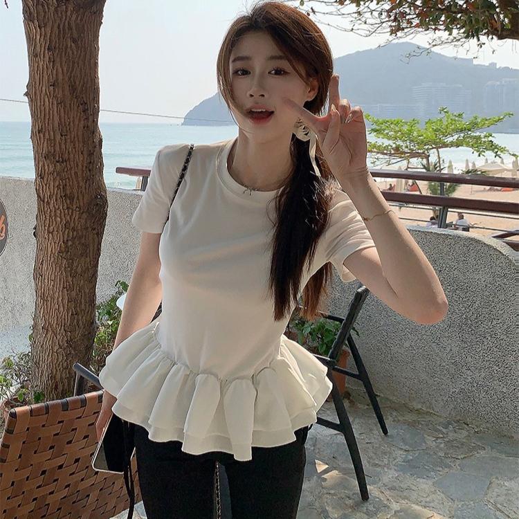 Летняя футболка из МОДАЛ-ХЛОПКА для женщин в балетном стиле с круглым вырезом и короткими рукавами, повседневные футболки с принтом листьев лотоса, облегающие, эластичные, черные топы