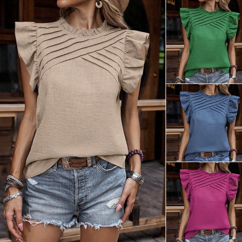 New Summer Tops Women Vintage Casual Loose Blouses for Women Elegant Pleated Ruffled Short Sleeve Shirt Woman Fashion Solid Pullover Blouse 26597