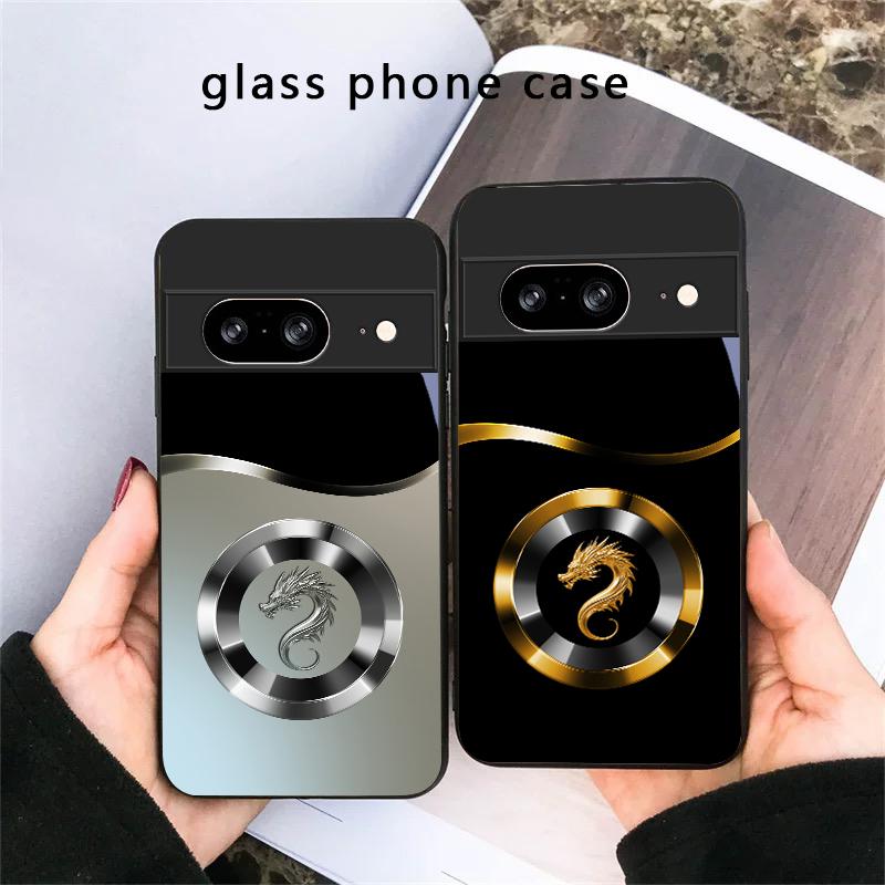 Серебряное кольцо с головой дракона для Google Pixel 8 7 9 10 Pixel 10 Pro XL Pixel 9 Pro XL Pixel 8a 7a Pixel 7 Pro Черный стеклянный чехол для телефона
