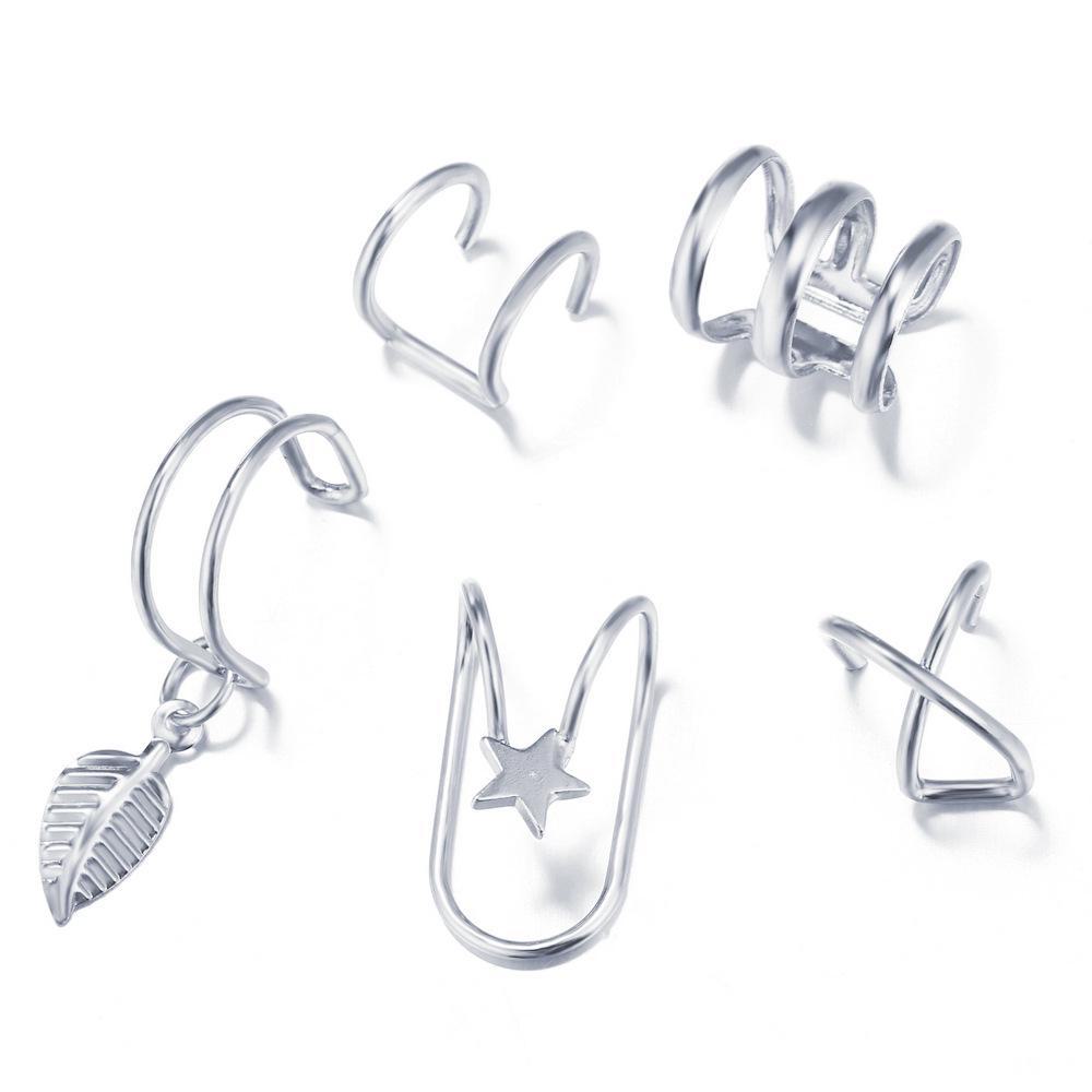 European-American Style 5-Piece Leaf Cartilage Ear Cuff Set - Fashionable, Creative, Non-Pierced Double-Layer Earrings