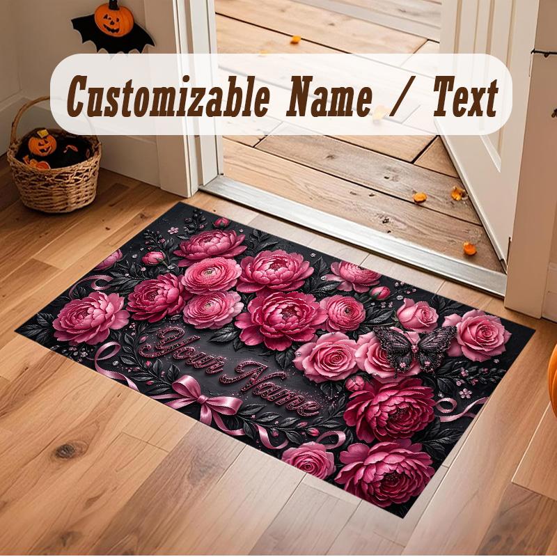 Floral Garden Theme Soft Crystal Velvet Rug Custom Name & Text Print Non Slip Floor Rug for Bedroom Living Room