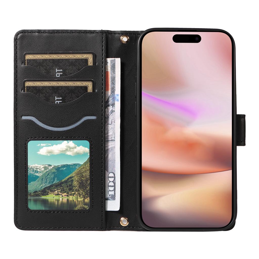 For iPhone 16 Case Wallet Quilted Leather Phone Cover with Shoulder Strap, Wrist Strap