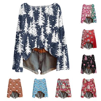 Женский модный повседневный трикотажный свитер с длинным рукавом и рождественским принтом, круглый вырез