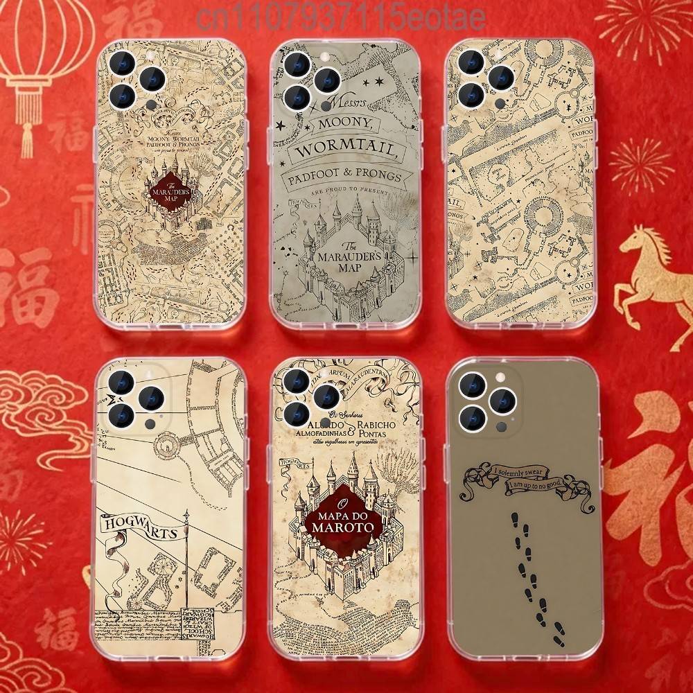 Винтажный Чехол-Карта Мародеров Для iPhone 17,16,15,14,13,12,11 Pro,Max,Plus,X,XS,XR,SE4,E Mini Прозрачный Мягкий Чехол