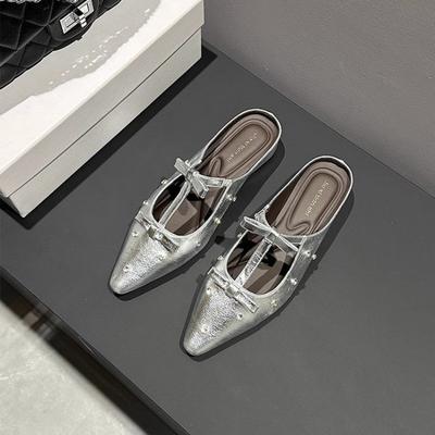 Новый стиль Популярные туфли-лодочки с заклепками и острым носком на тонком каблуке, женские туфли на среднем каблуке с мелким вырезом, ленивые мюли