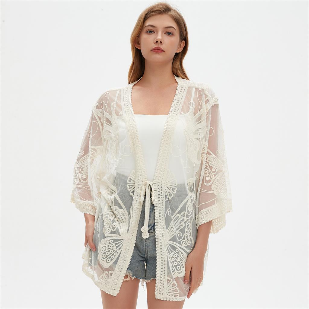 DIMANAF 2025 Лето Женщины Летучая мышь Пляжный кардиган V-образный вырез Футболка Базовый кружевной Новые модные топы кружевные футболки Повседневные свободные футболки