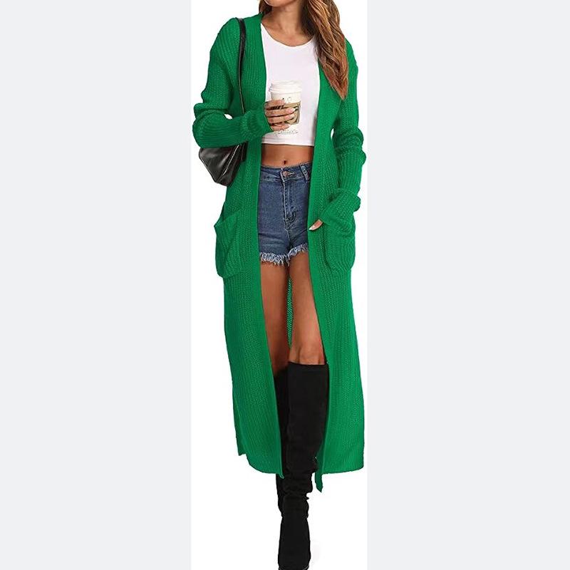 Женский вязаный кардиган с карманами и разрезами - многоцветный