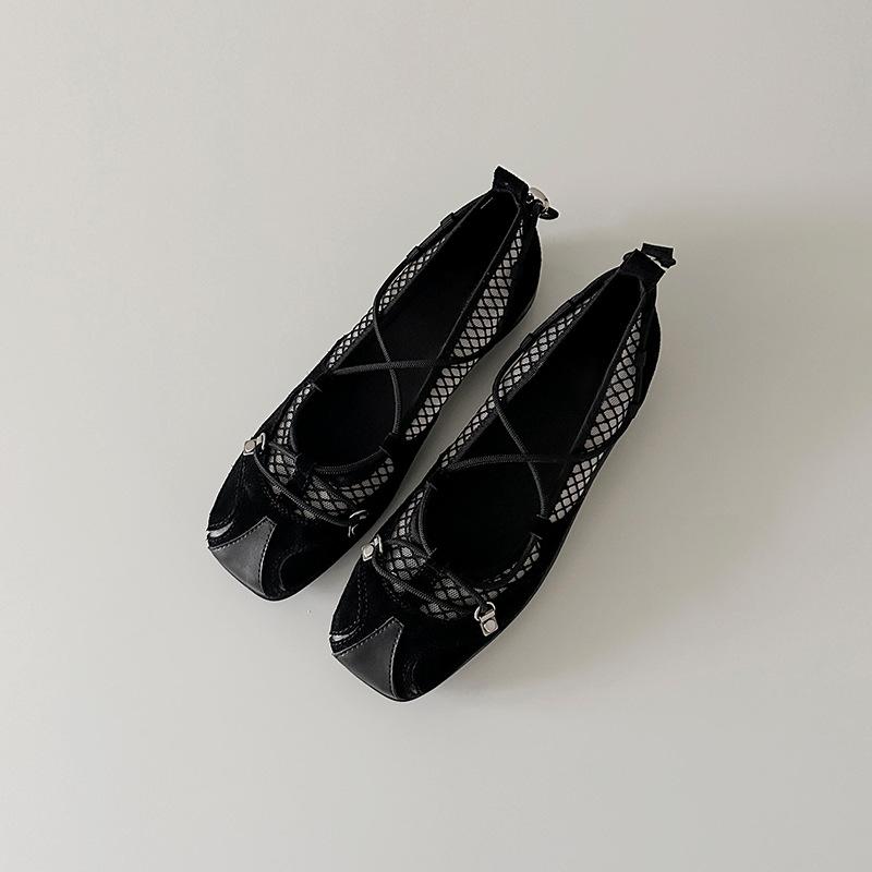 Cowhide version~ Square head retro mesh yarn functional style Mary Jane shoes versatile cross-strap ballet shoes platform casual shoes
