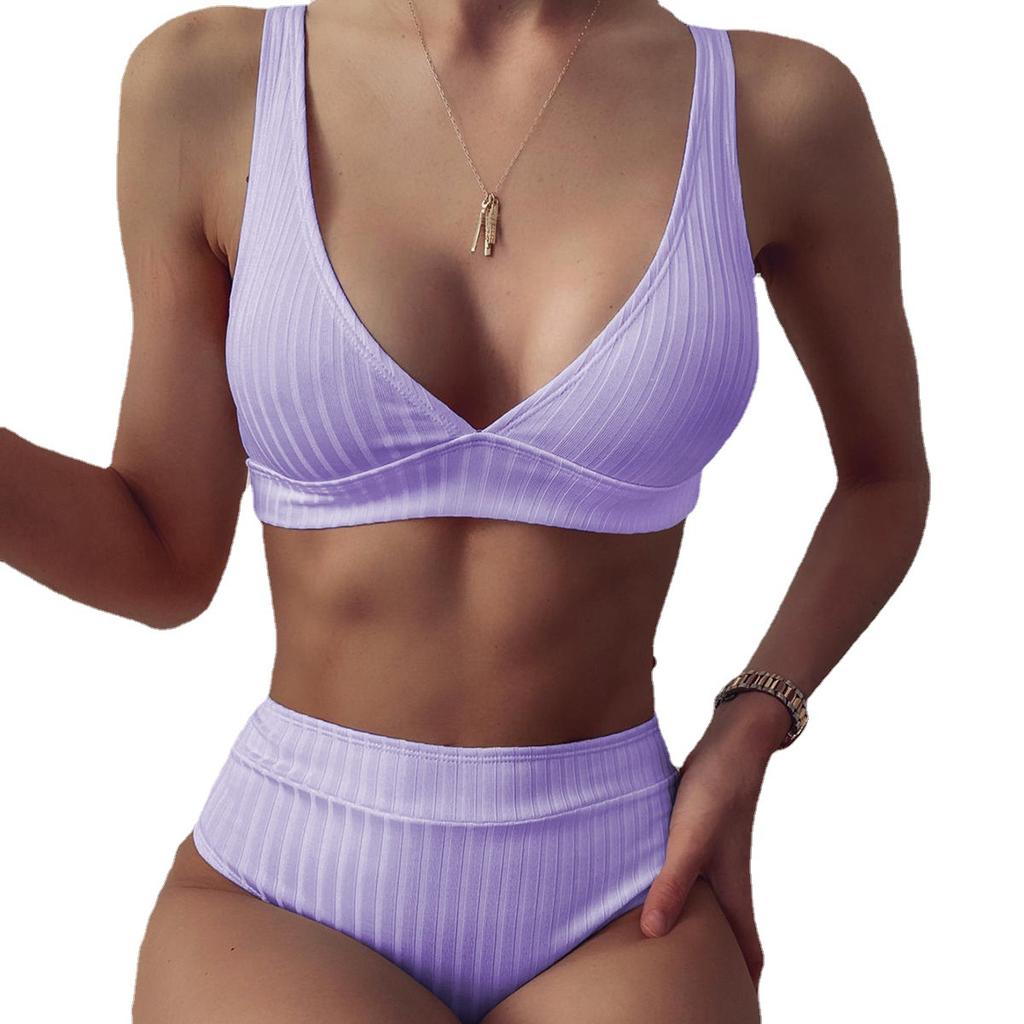 V Neck Ribbed Bikini High Waist Two Piece Set Comfortable Elegant Swimwear