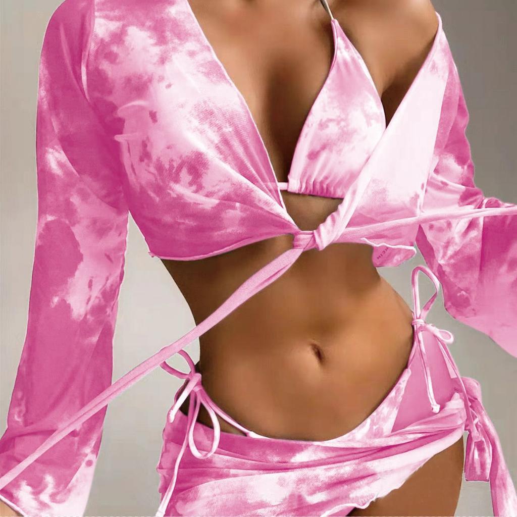 Women's Sexy Bikini Set 4 Pieces Swimwear Set Padded Halter Backless Top Tie Side Thong Beach Cover-ups Swimsuit Gradient Color Bathing Suit