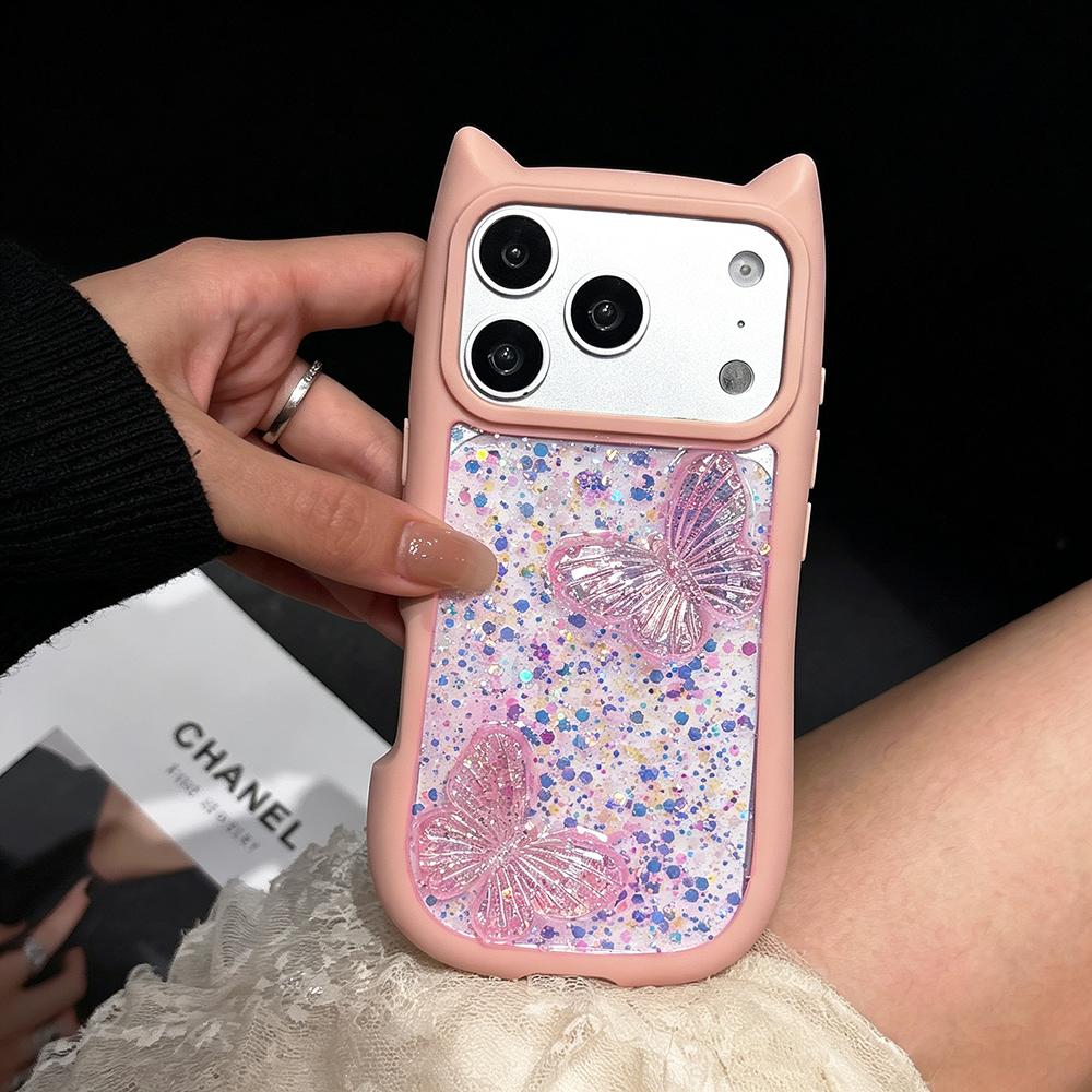 Милый Чехол-Подвеска с Ушками Кошки и Бабочкой Прозрачный для iPhone 17e 16 15 14 13 12 Pro Max 17 Air 11 Большое Окно Мягкие Края