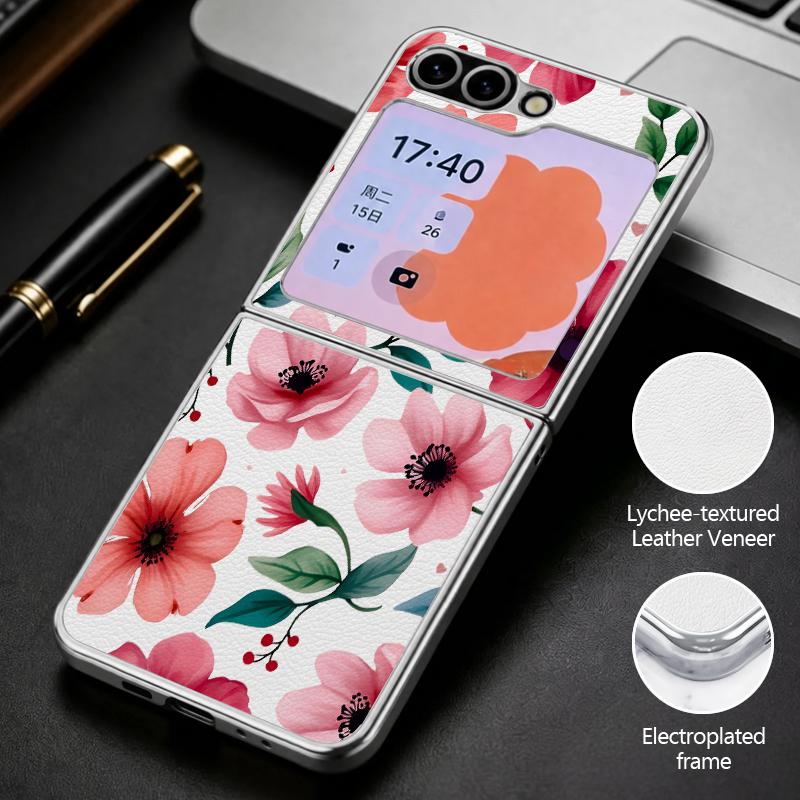 Ретро Листья Цветы Чехол Для Samsung Galaxy Z Flip 8 7 6 5 Flip8 Flip7 Flip6 Гибридный 3-в-1 Кожаная Накладка Металлическая Рамка Жесткая Складная Крышка для Телефона