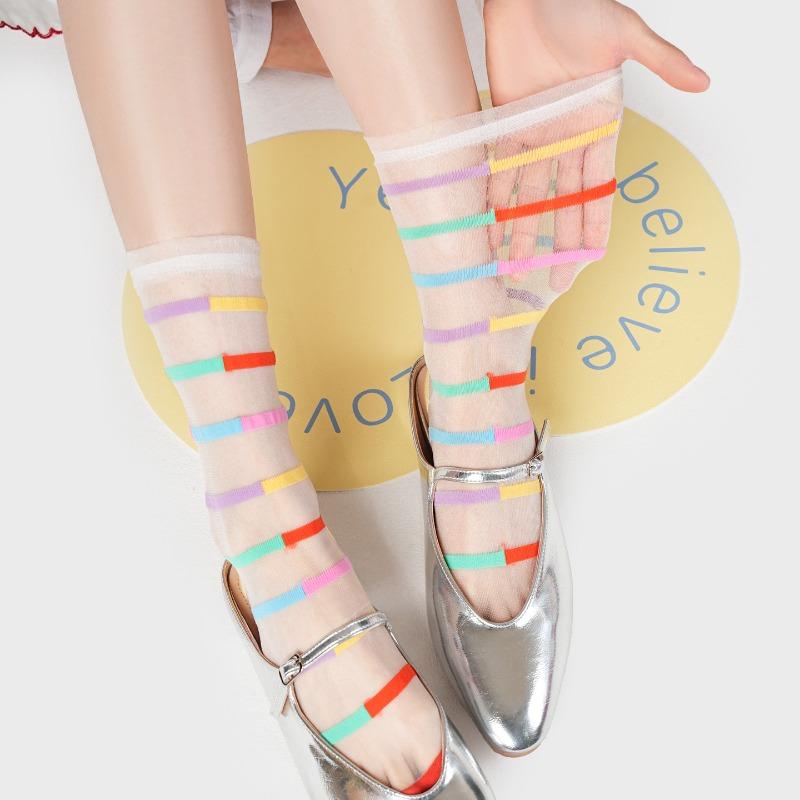 Thin Cotton Socks - Children's Retro Striped Geometric Dopamine Glass Fiber Mid-calf Pile Socks Trend