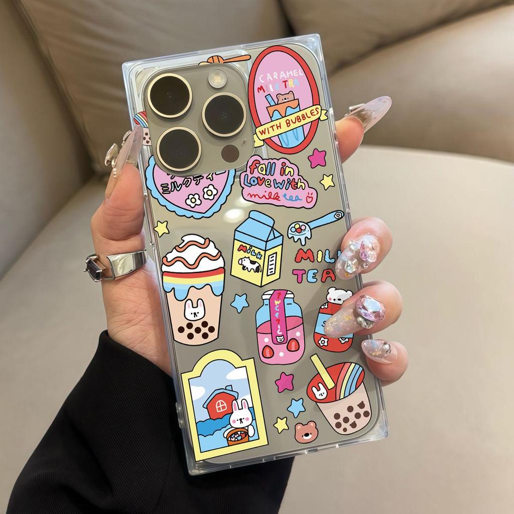 Прозрачный квадратный чехол-трубка для защиты iPhone 14 Pro Max 12 13 16 ProMax 15 Plus 11, защита от окисления, чехол с рисунком молочного чая