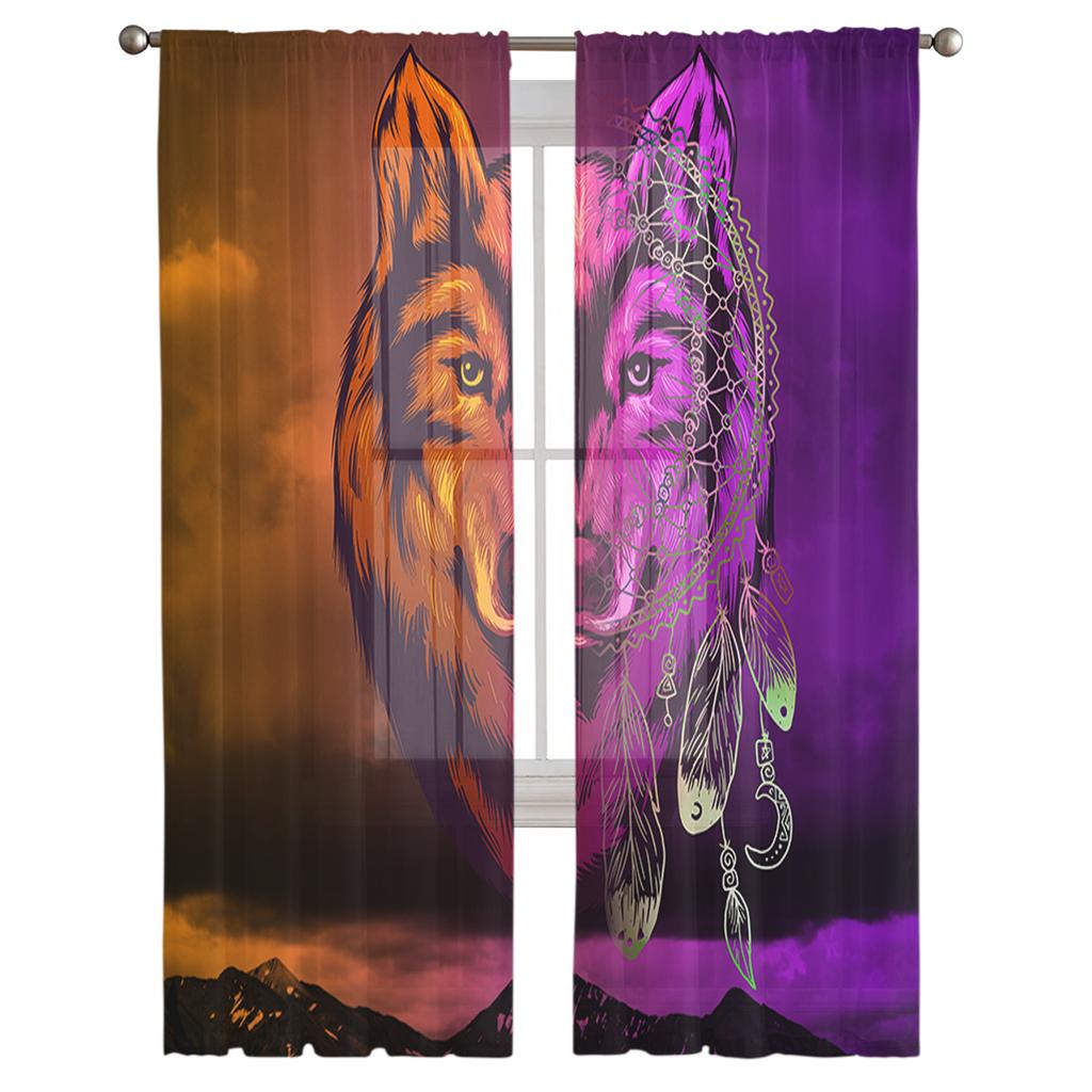 Градиентный ловец снов Волк Шифоновые прозрачные шторы для гостиной спальни домашнего декора Оконная вуаль Тюлевая занавеска Драпировки