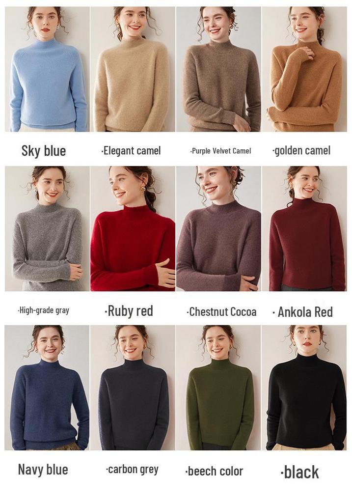 Women's 100% Pure Cashmere Soft Knit Sweater, Half-High Neck, Loose, Skin-Friendly, Slimming Base Layer
