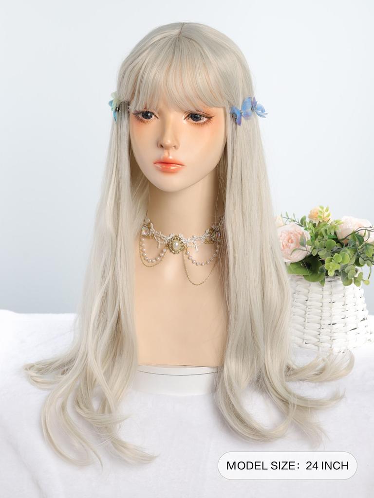 Светло-пепельные синтетические парики для косплея с челкой, длинные, 24 дюйма, длинные, вьющиеся, волнистые, парики Лолиты на Хэллоуин, термостойкие волокна, челка, волосы