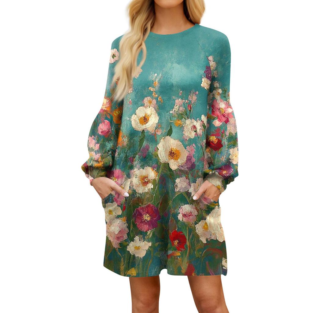 Модное женское платье трапециевидной формы с длинным рукавом. Осенний повседневный пуловер с круглым вырезом. Свободное платье с карманами.