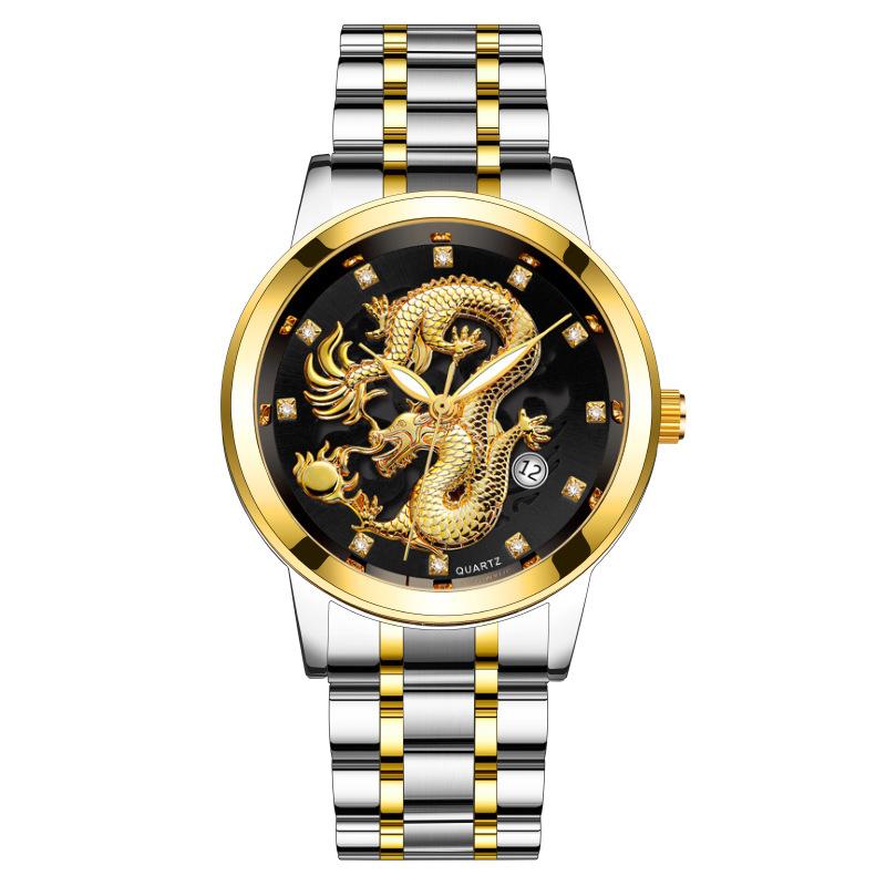 Fashion Men's Calendar Watch with Steel Band Waterproof Quartz Watch with Dragon Design