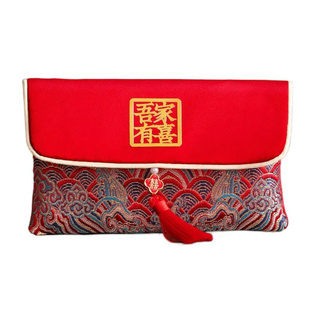 Chinese New Year PU Lucky Red Pockets Button Blessing Words Tassel Red Envelop PU Leather Spring Festival Wedding Money Bag
