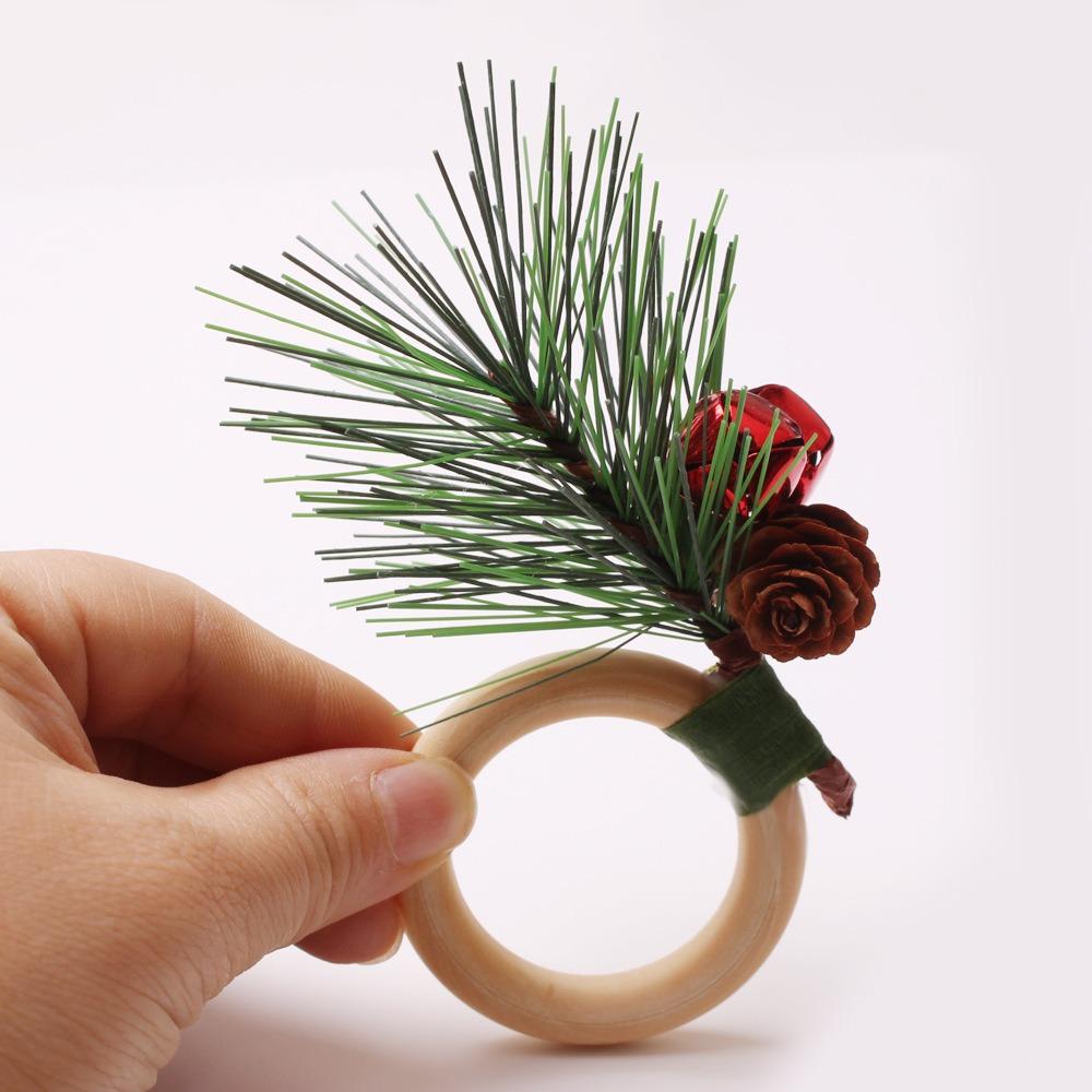 6pcs Artificial Napkin Holder Wooden Napkin Buckle Christmas Pine Needle Napkin Ring Kitchen