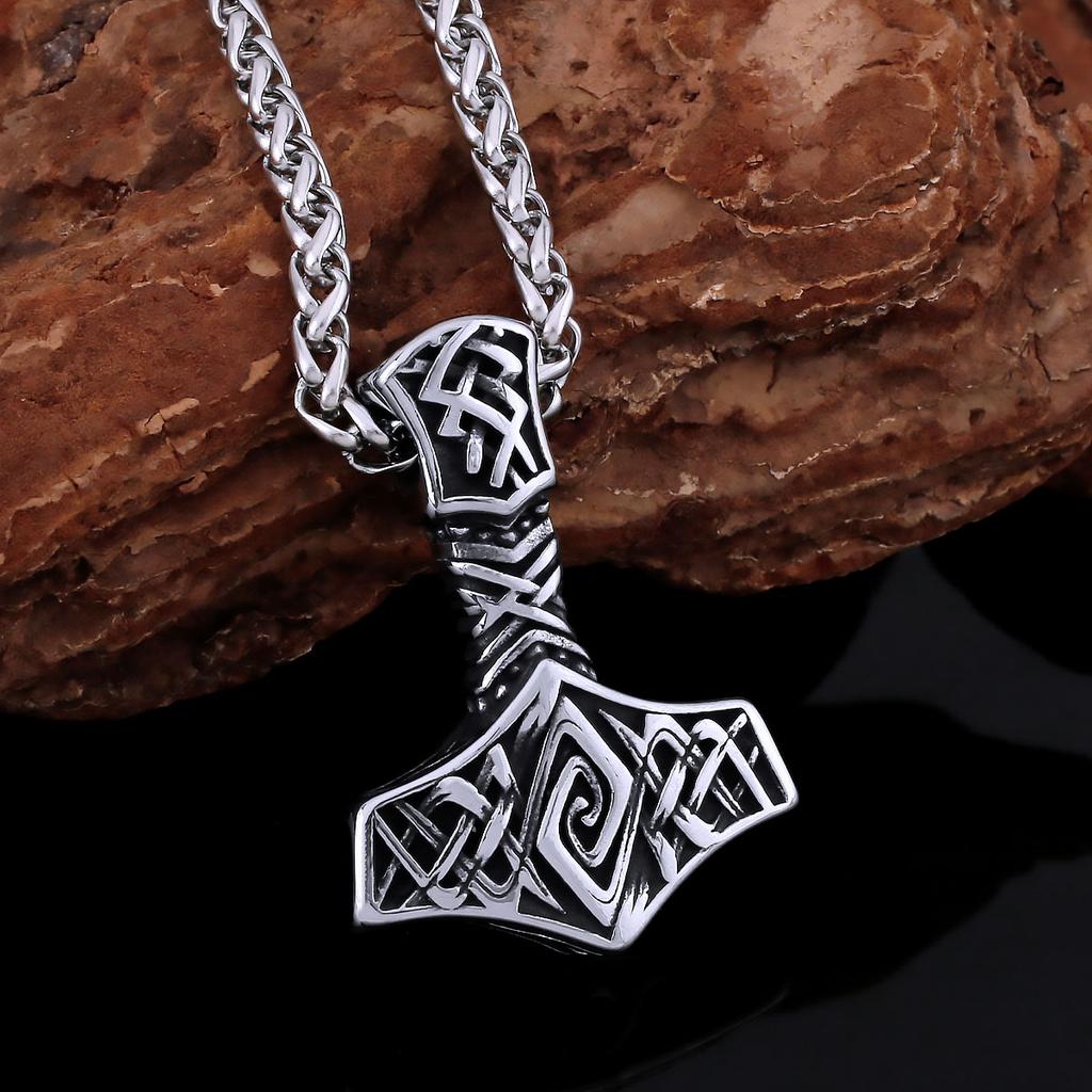 Nordic Mythology Odin Thor Hammer Pendant Men Stainless Steel Rune Amulet Necklace Slavic Warrior Weapon Jewelry Gift