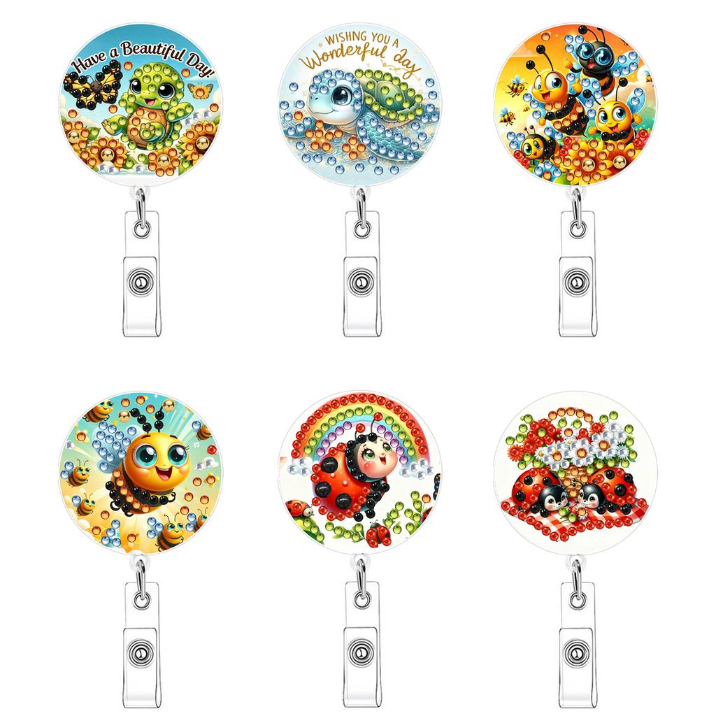 6Pcs DIY Diamond Painting ID Holder Retractable Decorative Work Badge Holder Sparkly Gem Art Name Tag for School Hospital Doctor