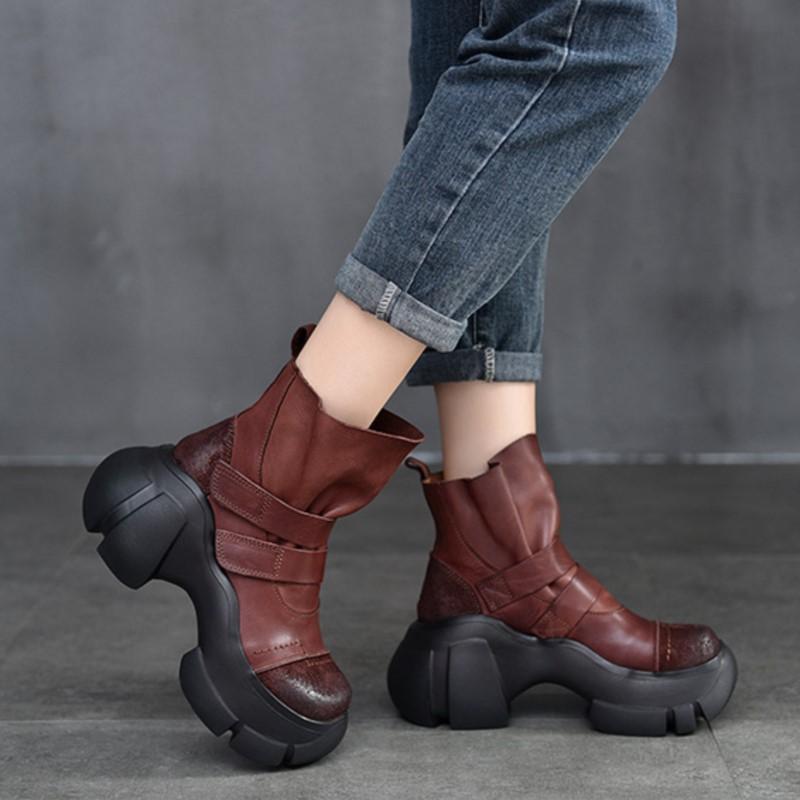 GKTINOO Ретро Ботильоны на Толстой Подошве 2024 Осень Зима Новые Натуральная Кожа Круглый Носок Однотонные Универсальные Туфли на Платформе