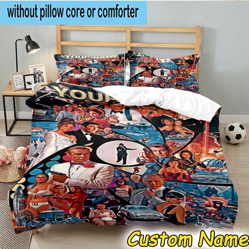 3pcs Custom Name James Bond Movie Collage Bedding Set Includes 1 Duvet Cover & 2 Pillowcases for All Seasons Dormitory Home Decor Christmas gifts