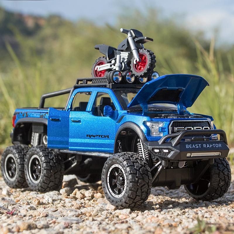SSOO2 1:28 Ford Raptor F150 Alloy Diecast Car Model With With Sound Light Pull Back Car Toys For Children Xmas Gifts