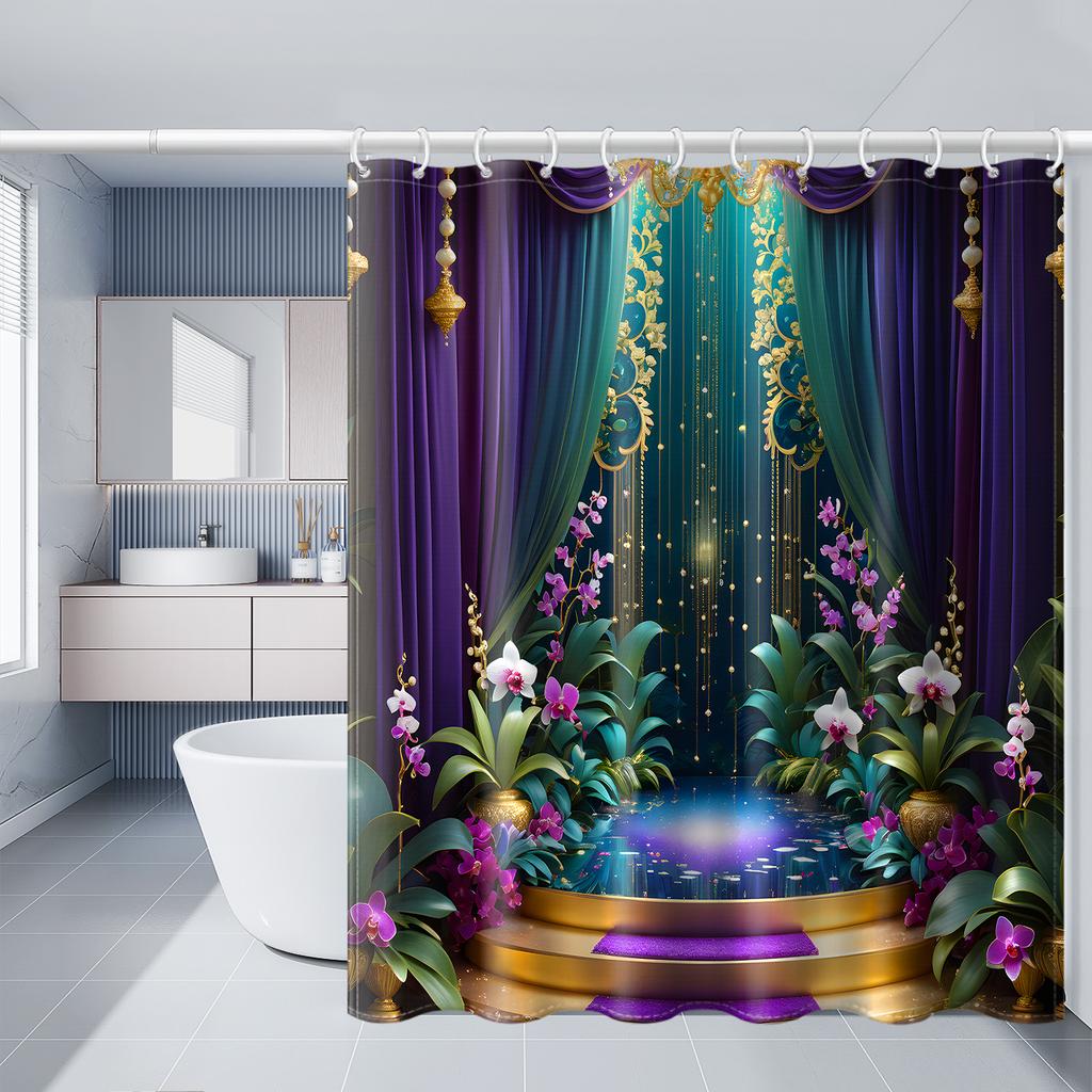 Водонепроницаемая шторка для душа «Зачарованный сад» - Роскошные орхидеи и золотые акценты, Высококачественная ткань, Прочная и стильная