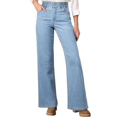 Женские джинсы с высокой посадкой и широкими штанинами, модный осенний наряд, джинсовые эластичные повседневные брюки