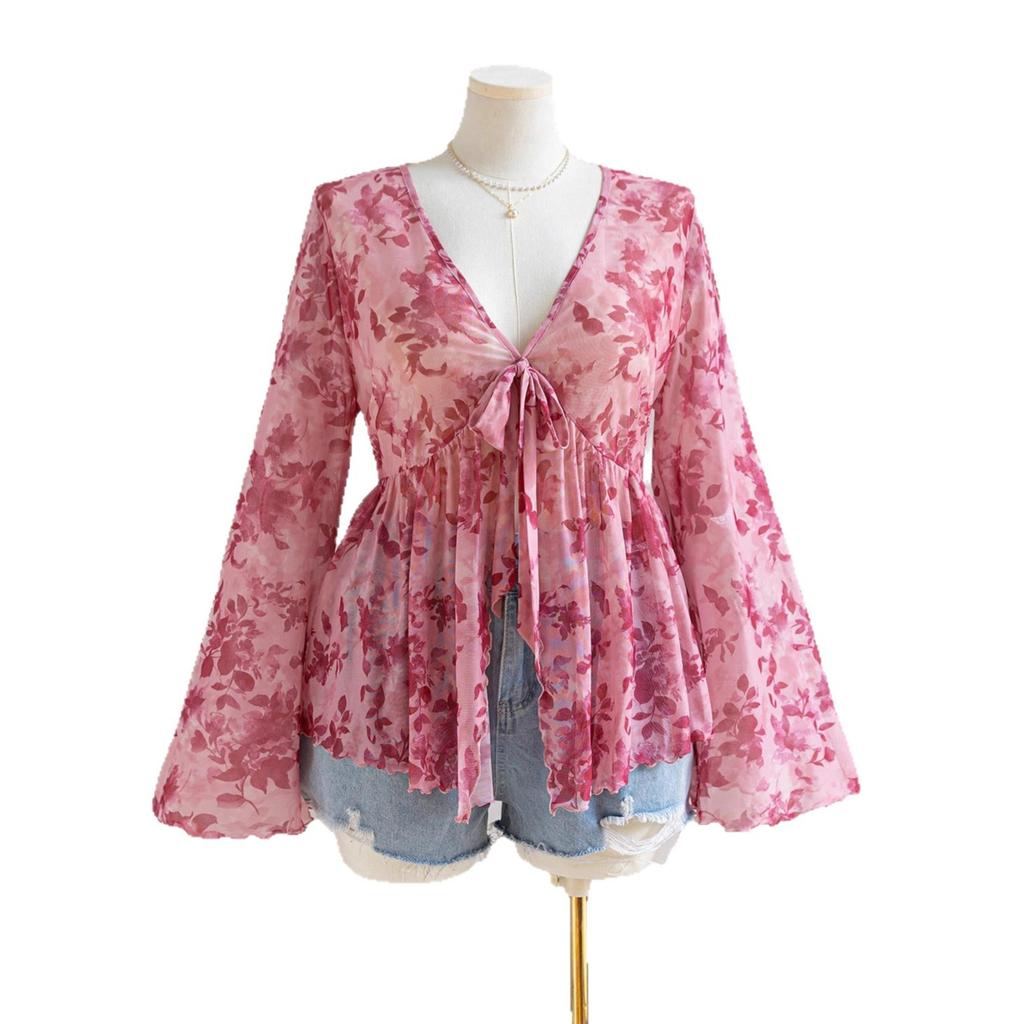 V-neck Printed Vacation-style Women's Flared Sleeve Loose and Flowing Top