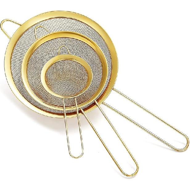 Набор из 3 золотых мелких сит, Золотое сито для муки для выпечки, Нержавеющая сталь, Золотое сито для чая матча, Отделитель жира, Stasher
