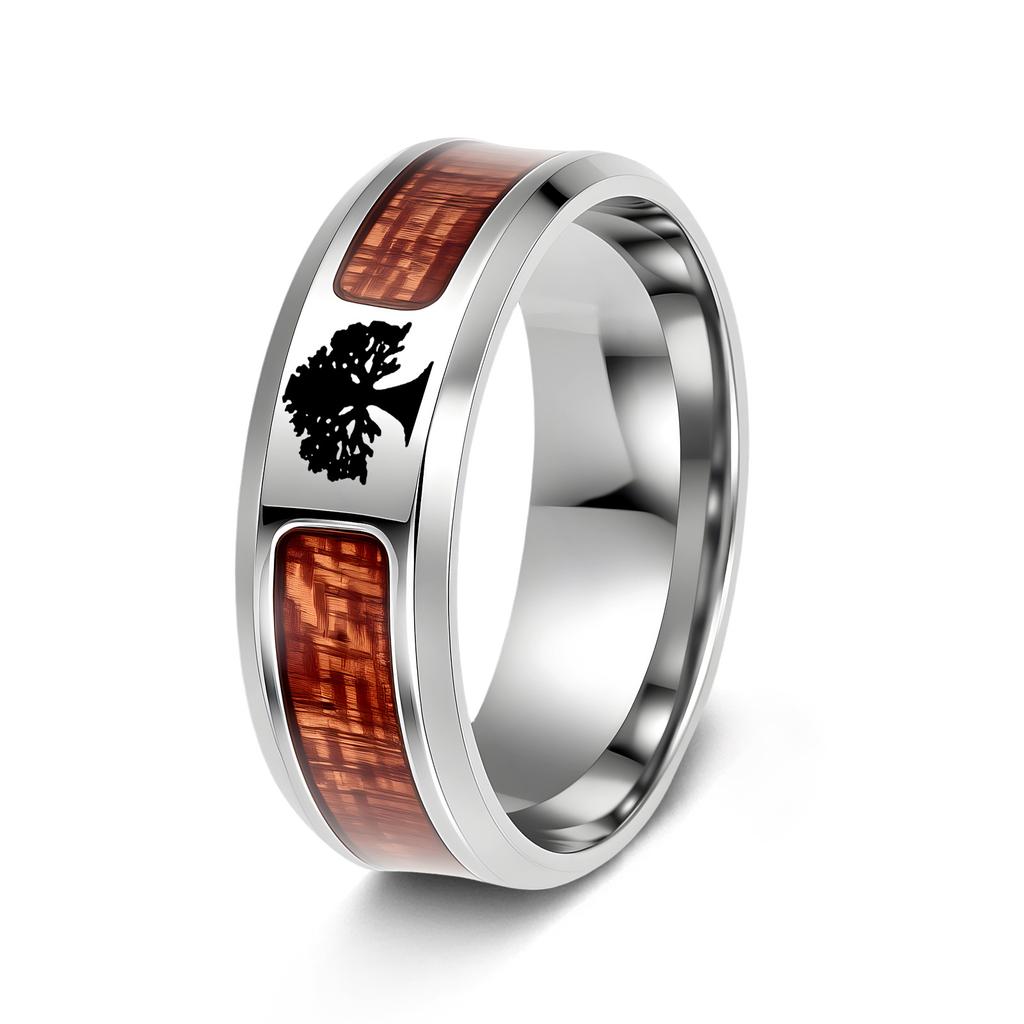 Jewelry Inlaid with Acacia Wood Grain Half Circle Tree of Life Ring Cross Ring