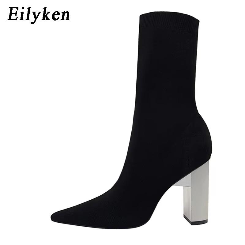 Eilyken Women Fetish Stretch Sock Boots Metal Block High Heels 9.5cm Short Ankle Boots Chunky Stripper Shoes  Mujer