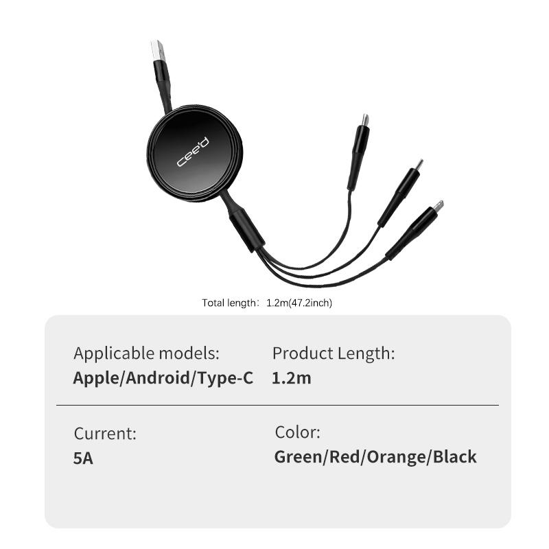 For KIA Car Interior Phone 3 In 1 Charging Cable Retractable Charger Tool Ceed Sportage Rio K5 K2 Cerato Proceed Venga Sedona xzlhg22
