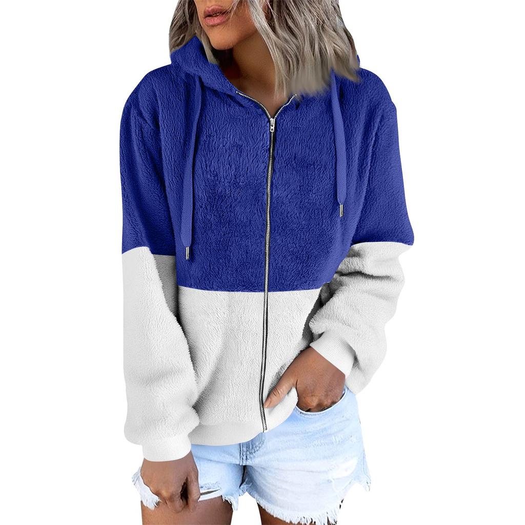 Women's Fashionable Warm Fleece Solid Color Hoodie Zipper Pocket Casual Jacket