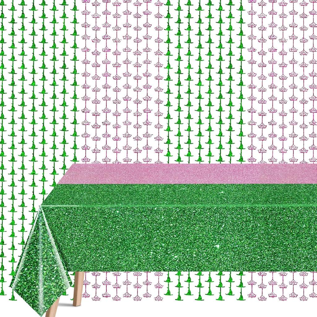 Witch Hat Crown Curtain Magic Bad Witch Theme Party Decoration,3.3 x 6.6ft Tel Foil Curtain Backdrop, Pink and Green Waterproof Tablecloth for